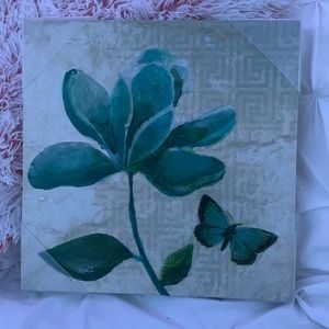 Flower and butterfly painting, cream/green/blue